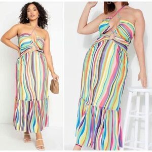 Eloquii Rainbow Striped Halter Neck Strappy Cut Out Maxi Dress NWOT
